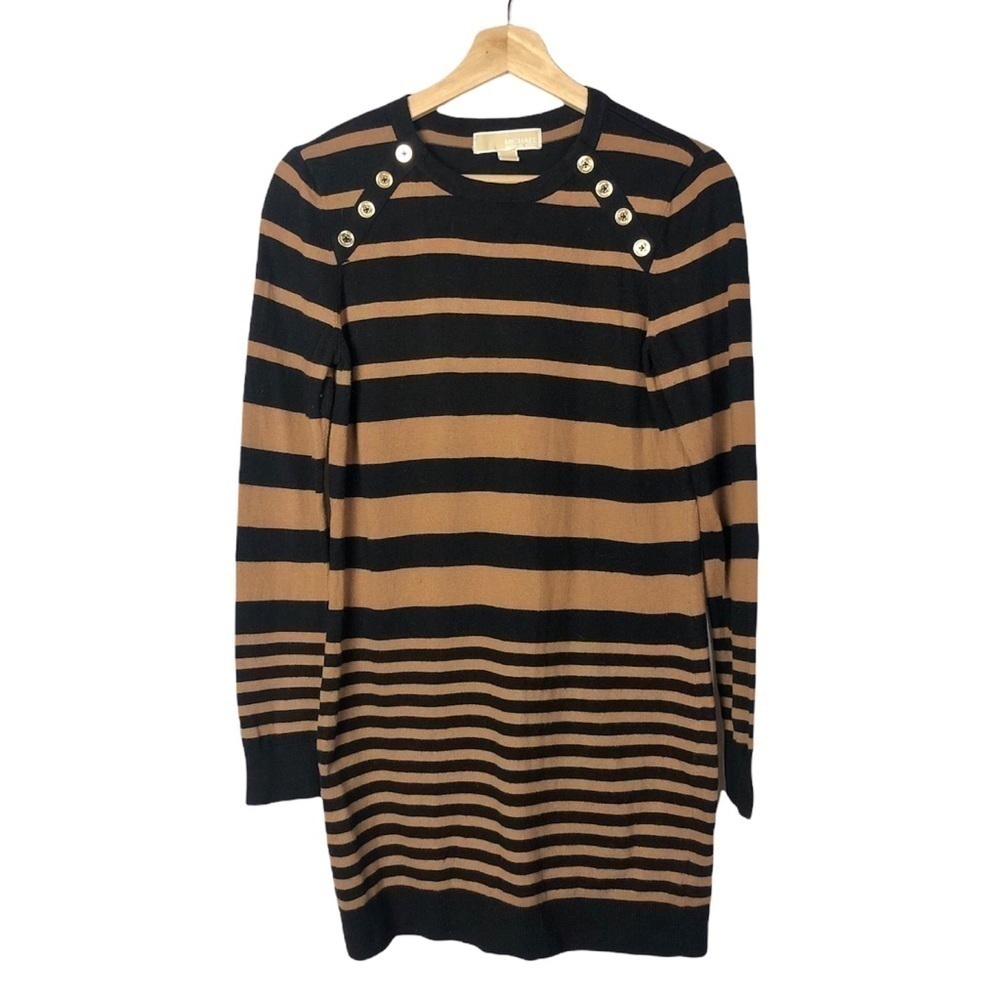 MICHAEL Michael Kors Brown & Black Striped Button Neck Sweater Dress M